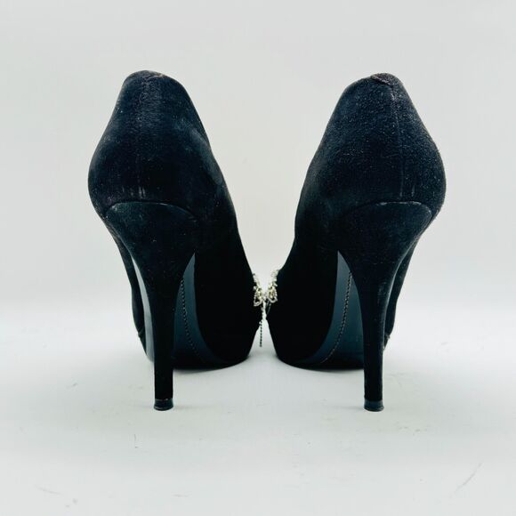 Dries van Noten Shoes Womens 6.5 Black Suede Heels Silver Beaded Chain Stilettos - Picture 7 of 12